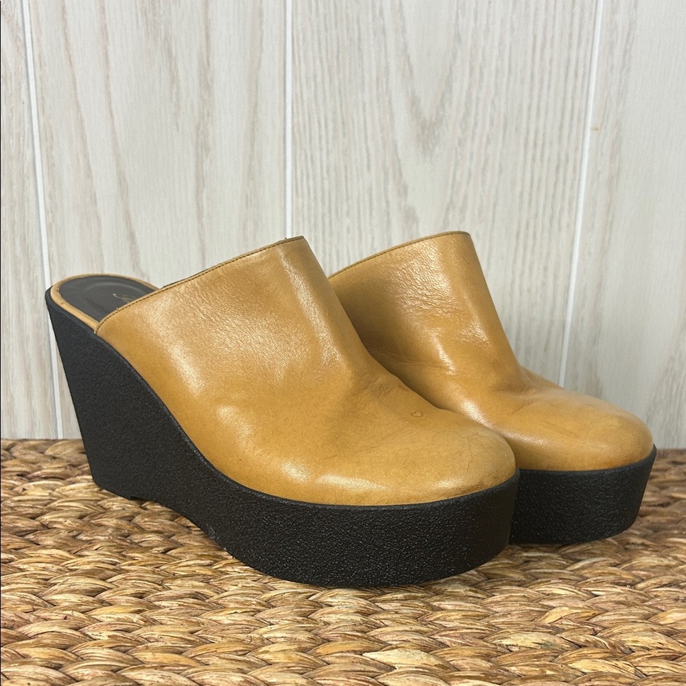 Robert Clergerie Mustard Leather Wedge Mules with Black Platform